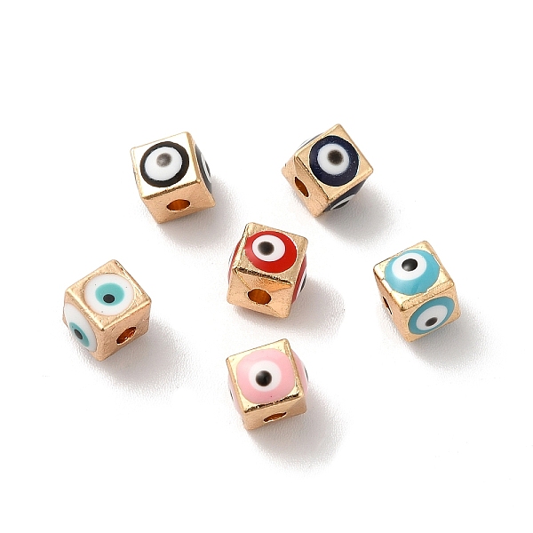 

PandaHall Alloy Enamel Beads, Light Gold, Cube with Evil Eye, Mixed Color, 5.5x6x6mm, Hole: 1.8mm Alloy+Enamel Cube Multicolor