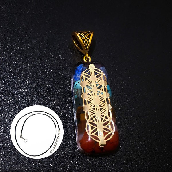 

PandaHall Natural & Synthetic Mixed Gemstone Rectangle Pendant Necklace, Chakra Theme Necklace Resin Rectangle