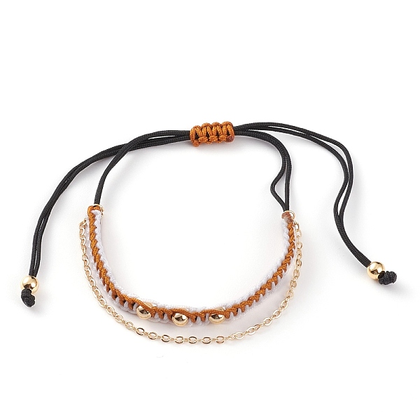 

PandaHall Adjustable Nylon Thread Braided Bead Bracelets, Multi-strand Bracelets, with Golden Plated Brass Round Beads and Cable Chains..., Brown