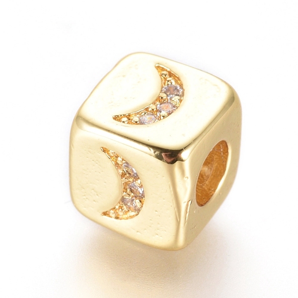 

PandaHall Brass Beads, with Micro Pave Cubic Zirconia, Cube with Moon, Clear, Golden, 6x6x6mm, Hole: 3mm Brass+Cubic Zirconia Cube Clear