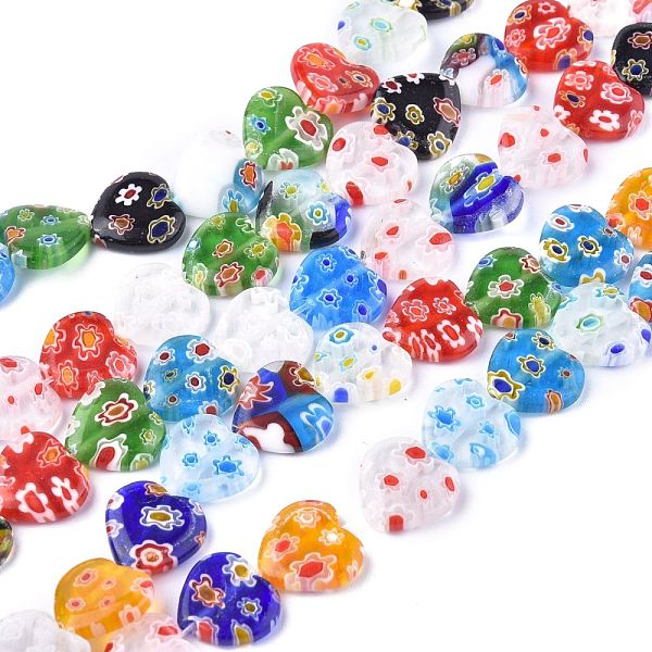 PandaHall Heart Handmade Millefiori Glass Beads Strands, Mixed Color, 14x14x4mm, Hole: 1mm, about 27pcs/strand, 12.9 inch Millefiori...