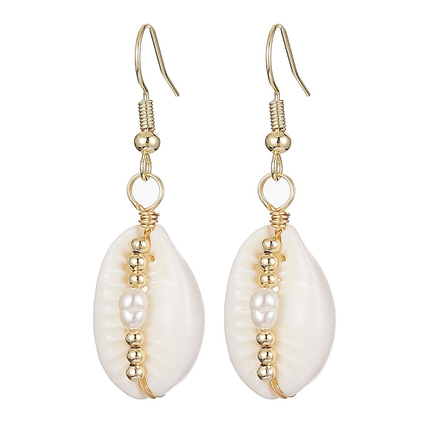 

PandaHall Natural Shell & Pearl Dangle Earrings, Brass Wire Wrap Earrings, Golden, 44x13.5mm Shell Shell Shape