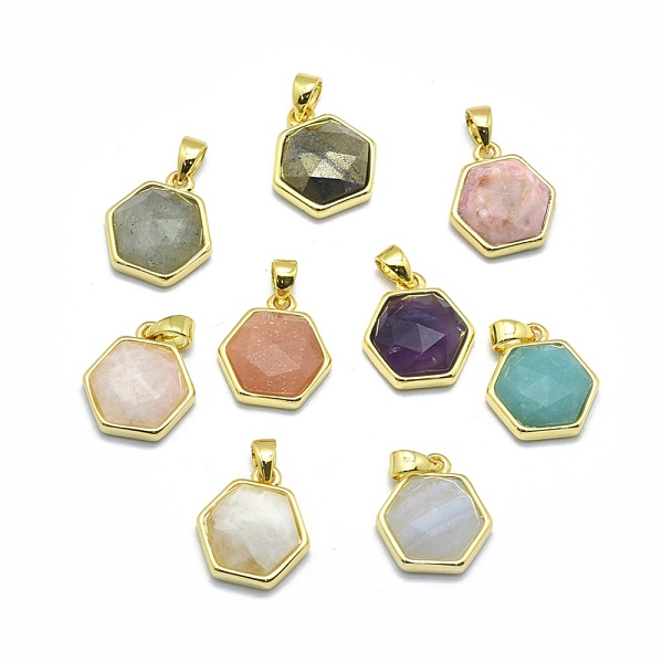 

PandaHall Natural Mixed Stone Pendants, with Golden Tone Brass Findings, Hexagon, Faceted, 13.5x14x5mm, Hole: 2.5x3.5mm Mixed Stone Hexagon