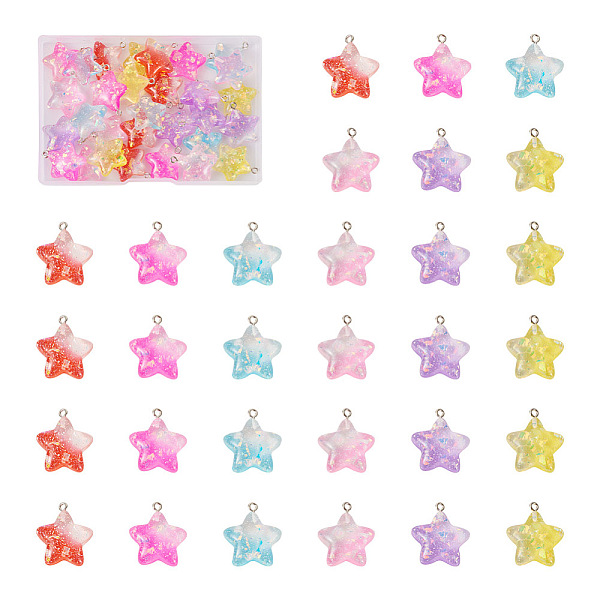 

PandaHall 36Pcs 6 Colors Transparent Resin Pendants, Glitter Powder Star Charm, with Platinum Tone Iron Loops, Mixed Color, 25.5x23x7.5mm..., Multicolor