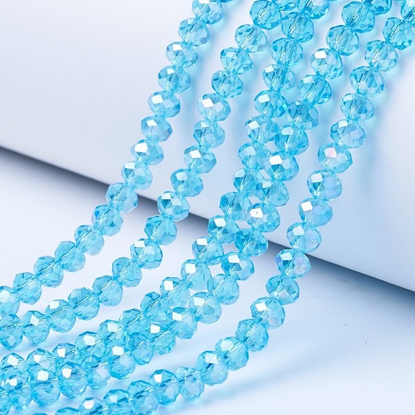 

PandaHall Electroplate Glass Beads Strands, AB Color Plated, Faceted, Rondelle, Cyan, 6x5mm, Hole: 1mm, about 83~85pcs/strand, 38~39cm Glass...