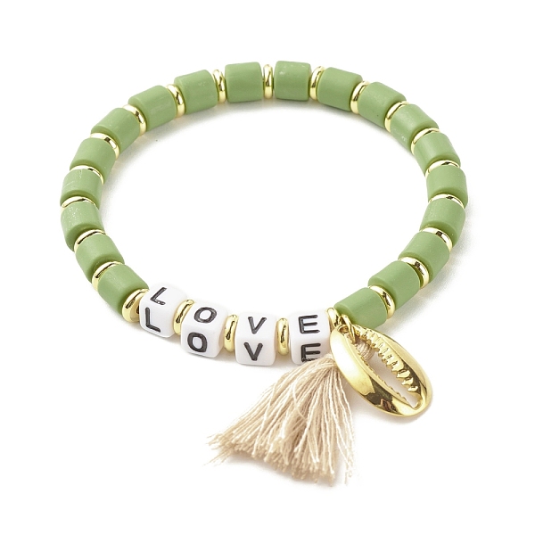 

PandaHall Word Love Beads Stretch Bracelet for Girl Women, Cowrie Shell Shape & Tassel Charm Bracelet, Golden, Yellow Green, Inner Diameter...