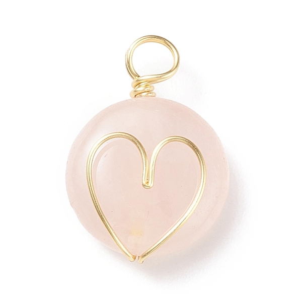 

PandaHall Natural Rose Quartz Gemstone Pendants, with Real 18K Gold Plated Eco-Friendly Copper Wire Wrapped, Flat Round with Heart Charm...
