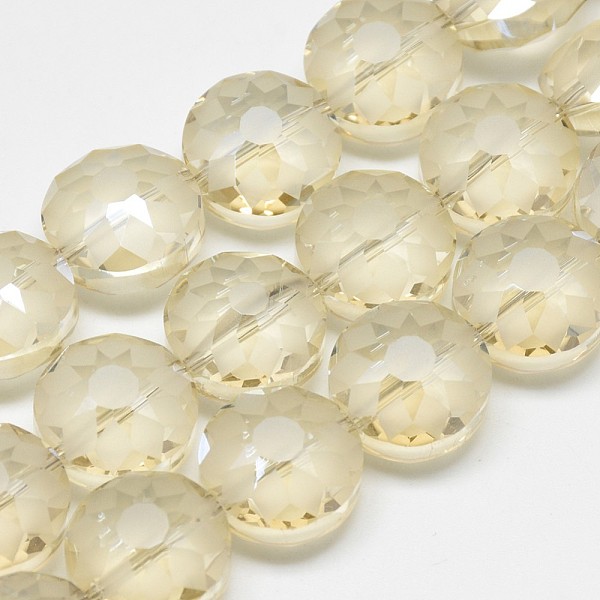

PandaHall Electroplate Glass Beads Strands, Frosted, Rainbow Plated, Faceted, Flat Round, Light Goldenrod Yellow, 14x8~10mm, Hole: 1.5mm...
