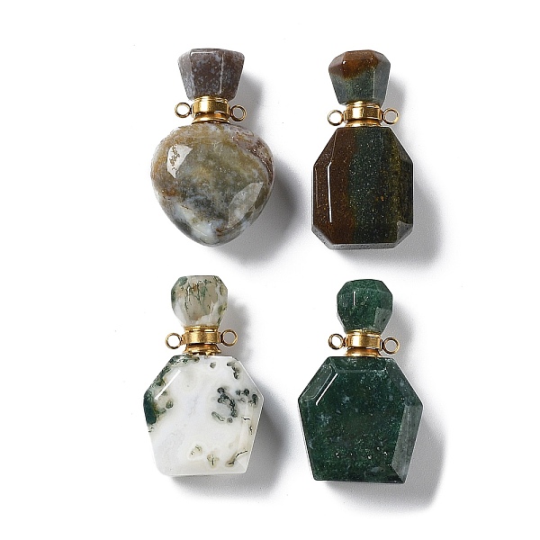 PandaHall Natural Moss Agate & Indian Agate Perfume Bottle Pendants, with Golden Tone Stainless Steel Findings, Essentail Oil Diffuser Charm...