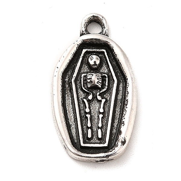 

PandaHall Tibetan Style Alloy Pendants, Halloween, Oval Coffin with Skull Charm, Antique Silver, 20x11x2.1mm, Hole: 1.8mm Alloy Skull
