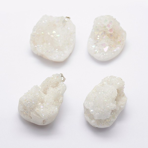 

PandaHall Electroplated Natural Druzy Crystal Pendants, with Real Platinum Plated Brass Finding, Nuggets, AB Color Plated..., White
