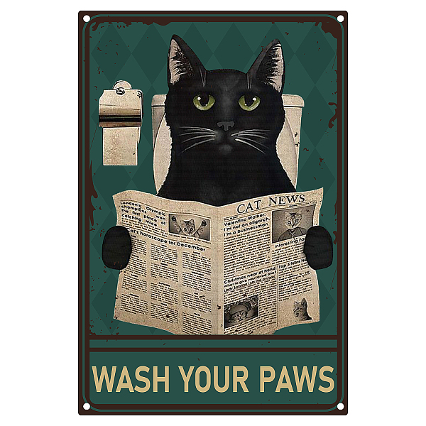 PandaHall CREATCABIN Funny Black Cat Metal Tin Signs Vintage Metal Tin Signs Wash Your Paws Cat Read Newspaper Signs Poster Retro Bathroom...