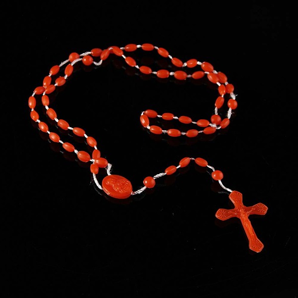 

PandaHall Luminous Plastic Rosary Bead Necklace, Glow in the Dark Cross Pendant Necklace for Women, FireBrick, 21.65 inch(55cm) Plastic Red