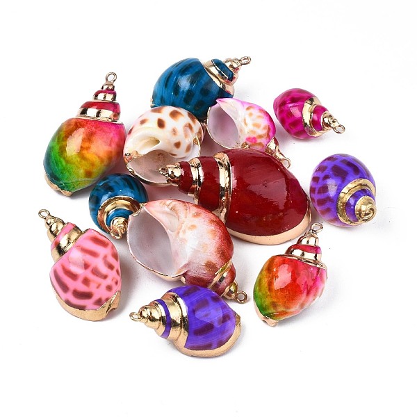 

PandaHall Spray Paint & Electroplate Spiral Shell Pendants, with Iron Findings, Light Gold, Mixed Color, 28~38x15~22x13~20mm, Hole: 2mm..., Multicolor
