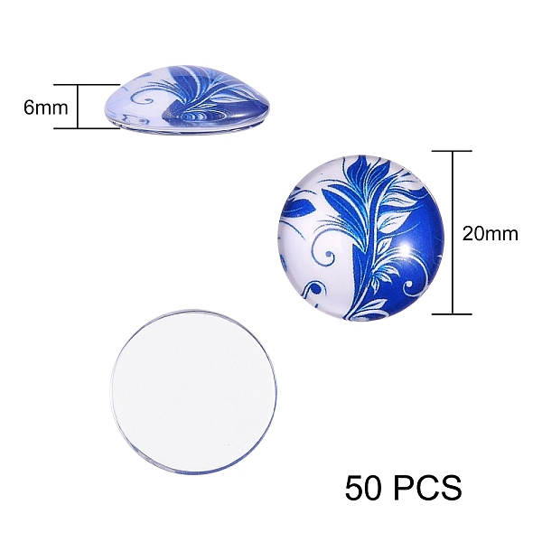 

PandaHall Blue and White Printed Glass Cabochons, Half Round/Dome, Steel Blue, 20x6mm, 50pcs/box Glass Flower