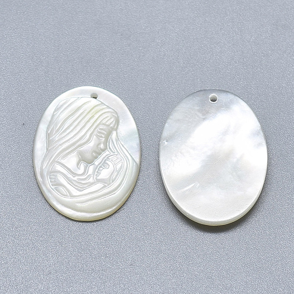 

PandaHall Natural White Shell Mother of Pearl Shell Pendants, Oval with Carved Virgin and Child, Seashell Color, 20x15x2.5mm, Hole: 0.6mm...