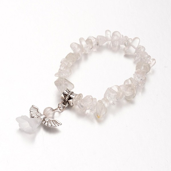 

PandaHall Natural Crystal Kids Bracelets, with Acrylic Bead and Antique Silver Alloy Findings, Lovely Wedding Dress Angel Dangle, 39mm..., White