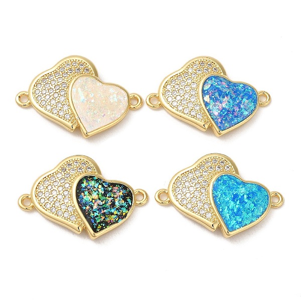 

PandaHall Rack Plating Brass Micro Pave Clear Cubic Zirconia Connector Charms, Double Heart Links with Synthetic Opal, Real 18K Gold Plated..., Multicolor
