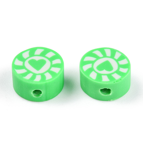 

PandaHall Handmade Polymer Clay Beads, Flat Round with Heart & Sun, Lime, 9~10x5mm, Hole: 1.6mm Polymer Clay Heart Green