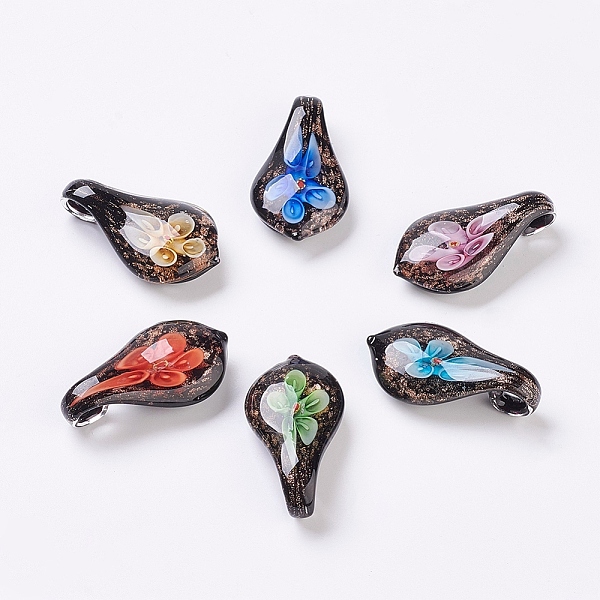 

PandaHall Handmade Lampwork Big Pendants, Inner Flower, Mixed Color, 50~52x27x12mm, Hole: 6mm Lampwork Flower Multicolor