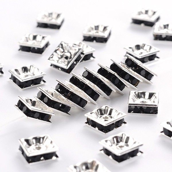 

PandaHall Brass Rhinestone Spacer Beads, Square, Nickel Free, Silver Color Plated, Jet, 8x8x4mm, Hole: 1mm Brass+Rhinestone Square Black