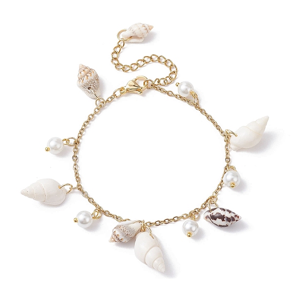

PandaHall Natural Spiral Shell & Glass Pearl Charm Bracelets, Golden, 7-1/8 inch(18cm) Shell Shell Shape