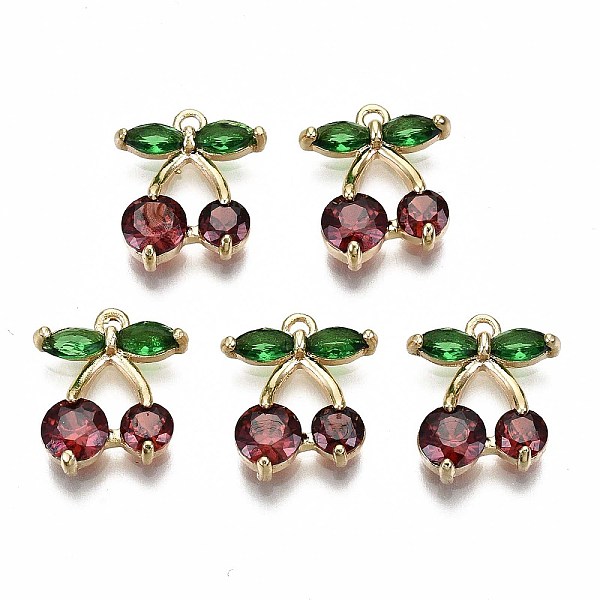 

PandaHall Brass Charms, with Glass, Nickel Free, Real 18k Gold Plated, Cherry, Red, 14x11.5x3mm, Hole: 1.2mm Brass+Glass Fruit Red