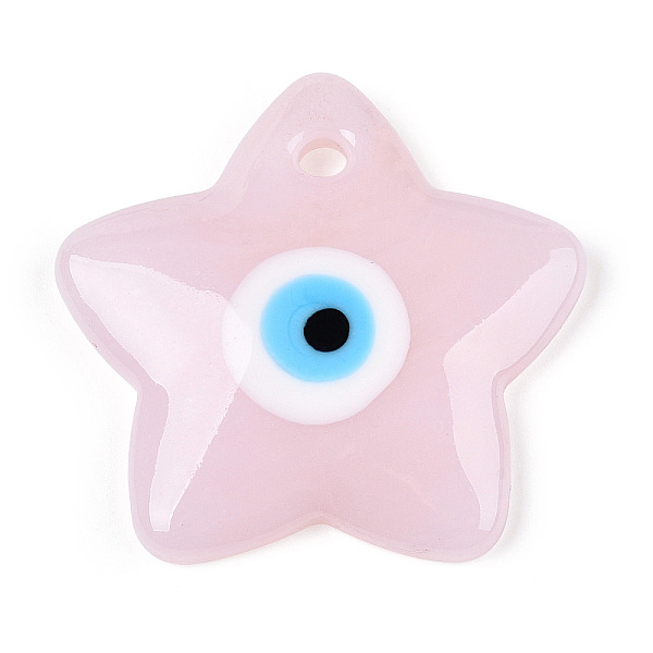 

PandaHall Handmade Lampwork Pendants, Star with Evil Eye, Pink, 38x38x5.5mm, Hole: 3.5mm Lampwork Star Pink