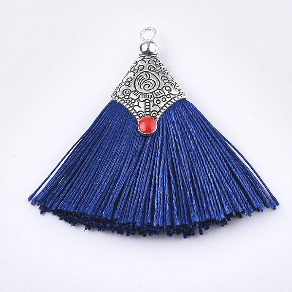 

PandaHall Polyester Tassel Pendant Decorations, with Alloy Findings and Enamel, Fan Shape, Antique Silver, Dark Blue, 45~50x40~44x7~10mm...