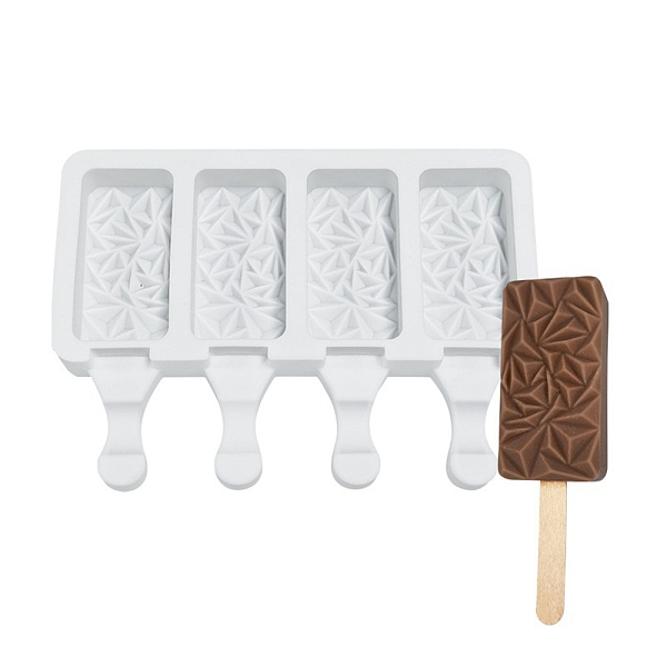 

PandaHall Food Grade DIY Rectangle Ice-cream Silicone Molds, Ice Pop Molds, for Making Ice Cream, 4 Cavities, White, 129x180x23mm, Inner...