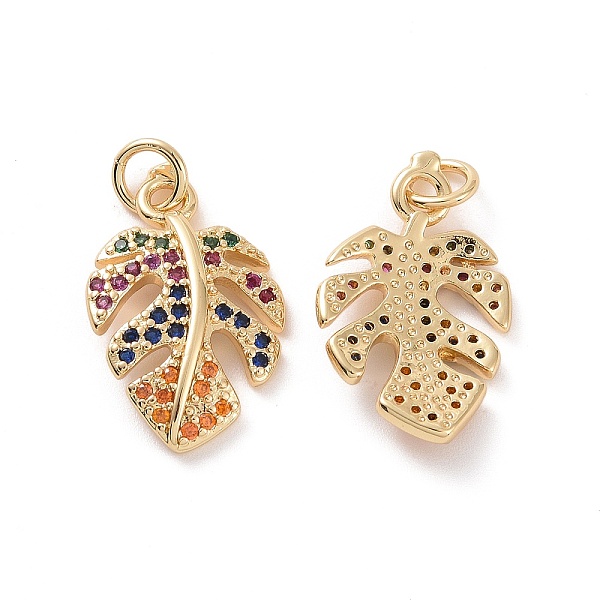 

PandaHall Brass Micro Pave Colorful Cubic Zirconia Pendants, with Jump Ring, Monstera Leaf Charms, Real 18K Gold Plated, 20x12.5x3mm, Hole...