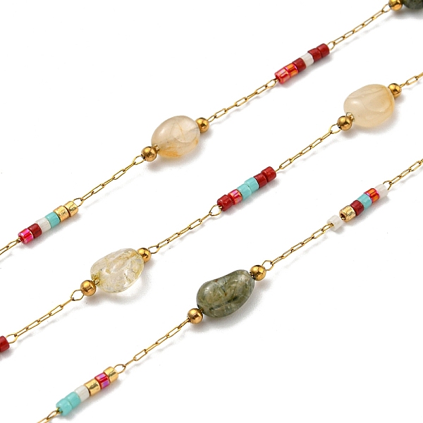 

PandaHall 304 Stainless Steel Handmade Beaded Chains, Natural Rutilated Quartz and Seed Bead Chains, Soldered, with Spool, 8~11x3~6x3~6mm...