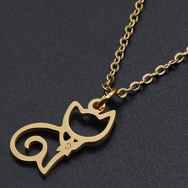 

PandaHall 201 Stainless Steel Kitten Pendants Necklaces, with Cable Chains and Lobster Claw Clasps, Hollow Cat, Golden, 15-3/4 inch(40cm)...