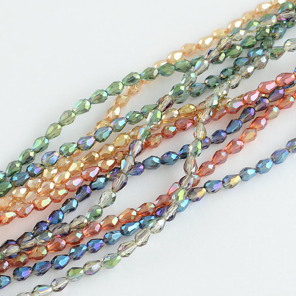 

PandaHall Electroplated Glass Bead Strands, Rainbow Plated, Faceted, teardrop, Mixed Color, 4~5x3~3.5mm, Hole: 1mm, about 100pcs/strand..., Multicolor