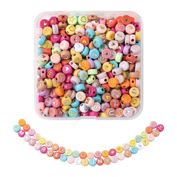 

PandaHall 5 Style Opaque Mixed Color Acrylic Beads, Metal Enlaced, Flat Round with Mixed Letters, Mixed Color, 6.5~7x3~4mm, Hole: 1.5~1.8mm..., Multicolor