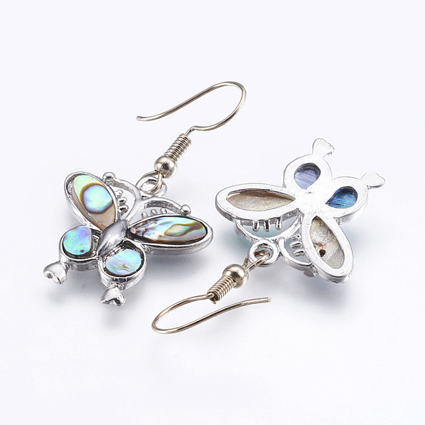 

PandaHall Abalone Shell/Paua Shell Dangle Earrings, with Brass Findings, Butterfly, Platinum, 39~40mm, Pin: 0.7mm Shell