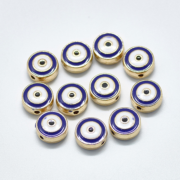 

PandaHall Alloy Enamel Beads, Flat Round with Eye, Light Gold, Blue, 10x5mm, Hole: 1.2mm Alloy+Enamel Flat Round Blue