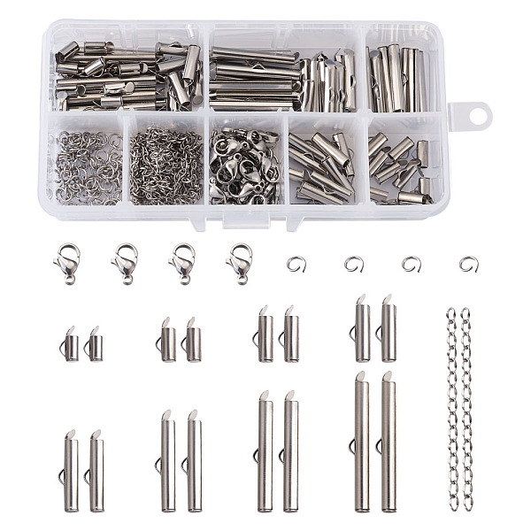 

PandaHall 304 Stainless Steel Slide On End Clasp Tubes & Open Jump Rings & Lobster Claw Clasps & Chain Extender, Stainless Steel Color...