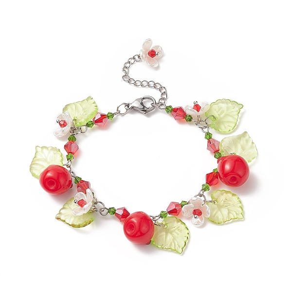 

PandaHall Teacher's Day Theme Resin Apple Charm Bracelets with Acrylic Leaf & Plastic Flower, 304 Stainless Steel & Glass Bead Link Chain..., Multicolor