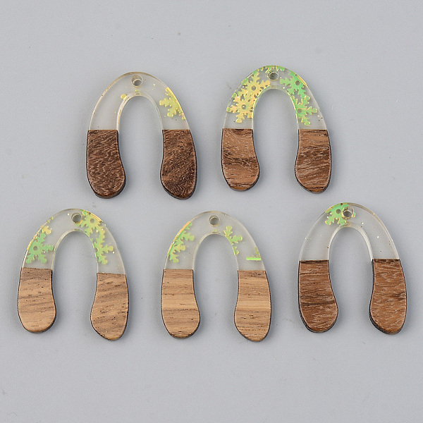 

PandaHall Transparent Resin & Walnut Wood Pendants, with Glitter Sequins/Paillette, U Shape with Snowflake, Green Yellow, 28x24x3mm, Hole...