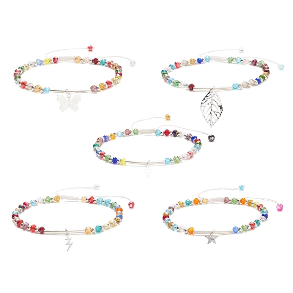 

PandaHall Brass Charm Bracelet, Glass Braided Adjustable Bracelet for Women, Mixed Shape, Mixed Color, Inner Diameter: 2-1/2~3-5/8 inch..., Multicolor