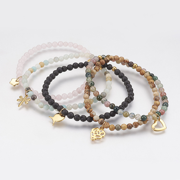 

PandaHall Natural Gemstone Beaded Stretch Bracelets, with 304 Stainless Steel Charms, Golden, Mixed Color, 2-1/8 inch(54mm) Mixed Stone..., Multicolor