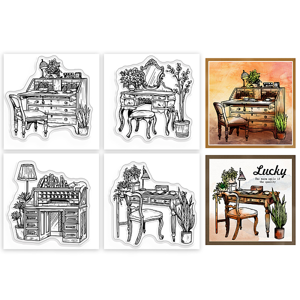 

PandaHall GLOBLELAND 4Pcs Mini Retro Table Furniture Clear Stamps for DIY Scrapbooking Silicone Stamp Seals Transparent Stamps for Cards...