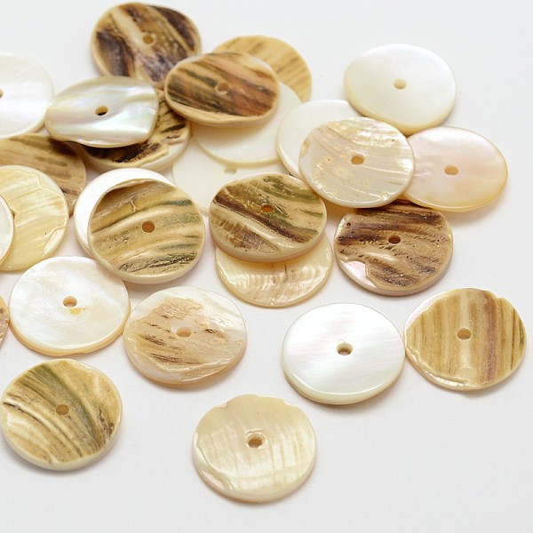 

PandaHall Flat Round Natural Akoya Shell Beads, Mother of Pearl Shell Beads, Camel, 15x2~3mm, Hole: 1mm, about 1440pcs/bag Akoya Shell Flat..., Brown