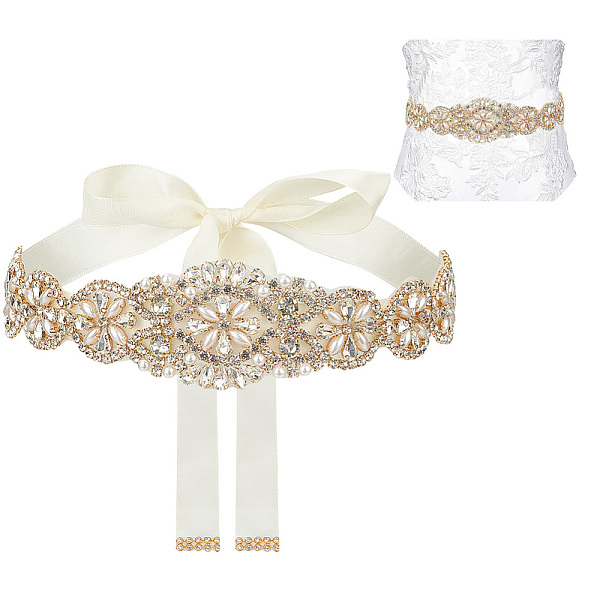 

PandaHall Brass Flower Bridal Belt with Glass Rhinestones for Wedding Dress, Polyester Ribbon Exquisite Sash for Wedding Belt, Golden...