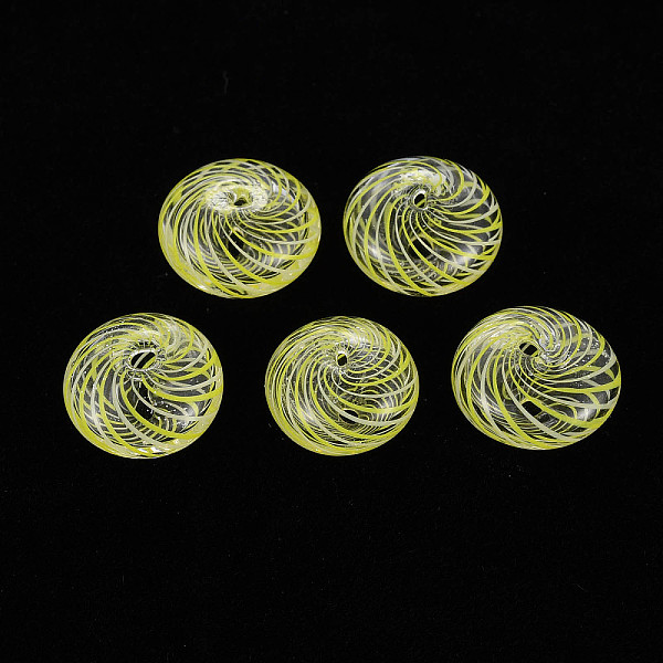 

PandaHall Transparent Handmade Blown Glass Globe Beads, Stripe Pattern, Flat Round, Yellow, 14~15x9mm, Hole: 1~2mm Glass Flat Round Yellow