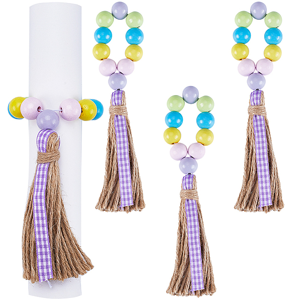 

PandaHall Easter Wood Beaded Napkin Rings with Tassels, Napkin Holders for Easter Festival Banquet Wedding, Colorful, 186mm Wood Others
