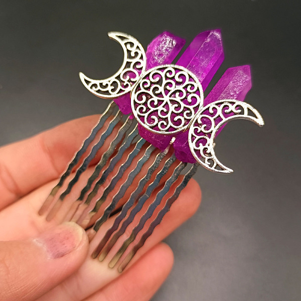 

PandaHall Moon Natural Dyed Quartz Hair Combs, with Alloy Combs, Hair Accessories for Women Girls, Magenta, 100x100mm Alloy Pink