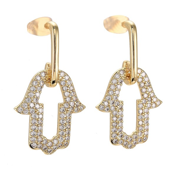 

PandaHall Brass Micro Pave Clear Cubic Zirconia Dangle Stud Earrings, with Ear Nuts, Hamsa Hand/Hand of Fatima/Hand of Miriam, Real 18K Gold...