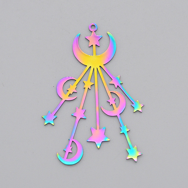 

PandaHall Ion Plating(IP) 201 Stainless Steel Big Pendants, Laser Cut, Moon with Star, Rainbow Color, 53x36.5x1mm, Hole: 1.6mm 201 Stainless...